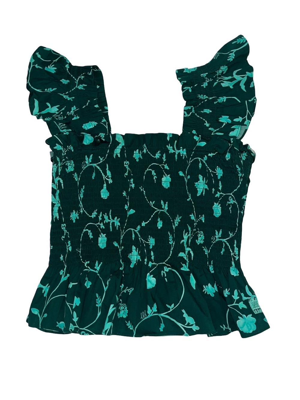 Hill House Home The Paz Top Emerald Botanical Smocked Peplum Top Sz XS Romantic